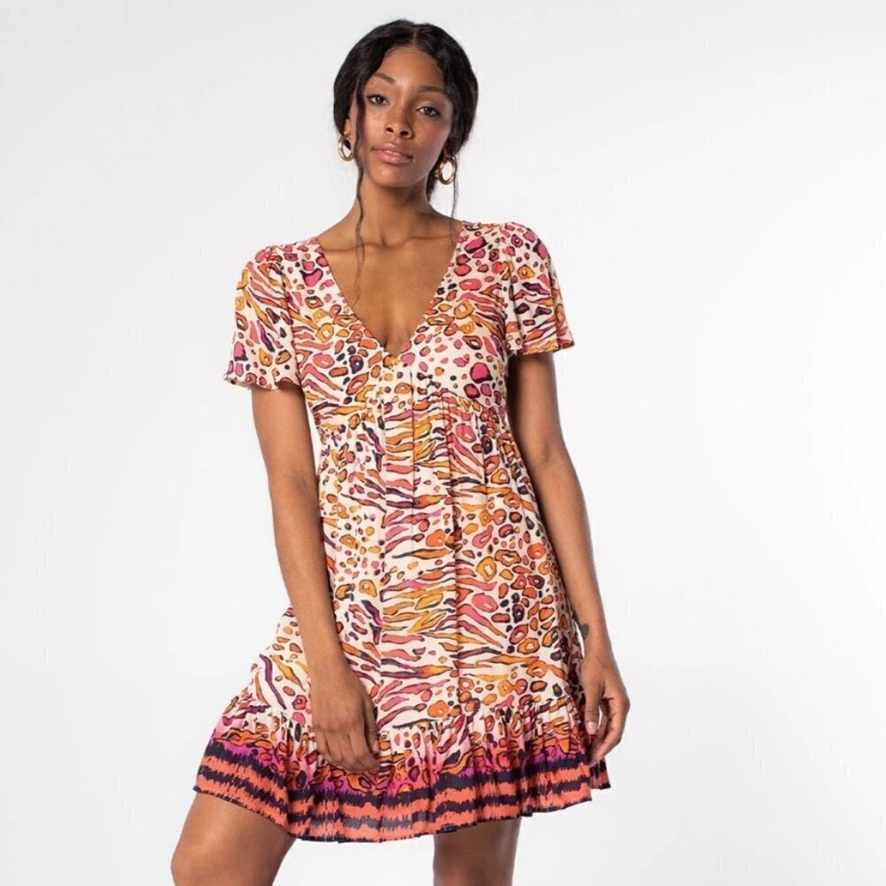 Lovestitch Animal Print Tie Back Mini Dress V-Neck Flutter Sleeve
